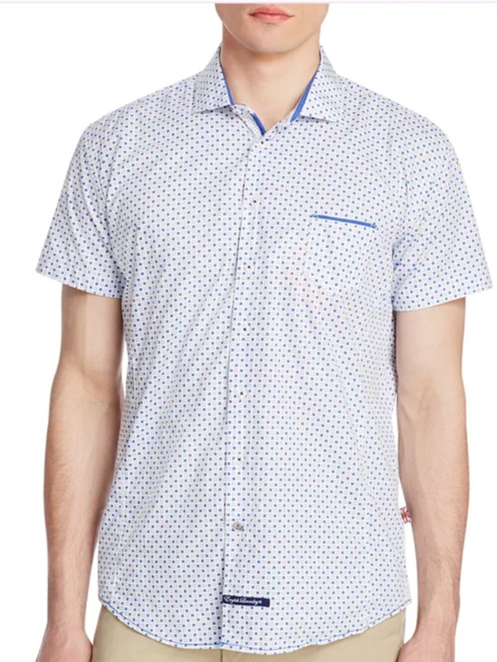 English Laundry Men's Blue White Geometric Short Sleeve Button Down Shirt – Size
